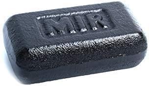 Dark rectangular miR weight with rounded corners and an embossed logo