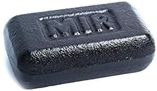 Black rectangular miR-branded iron weight with rounded corners and a textured surface