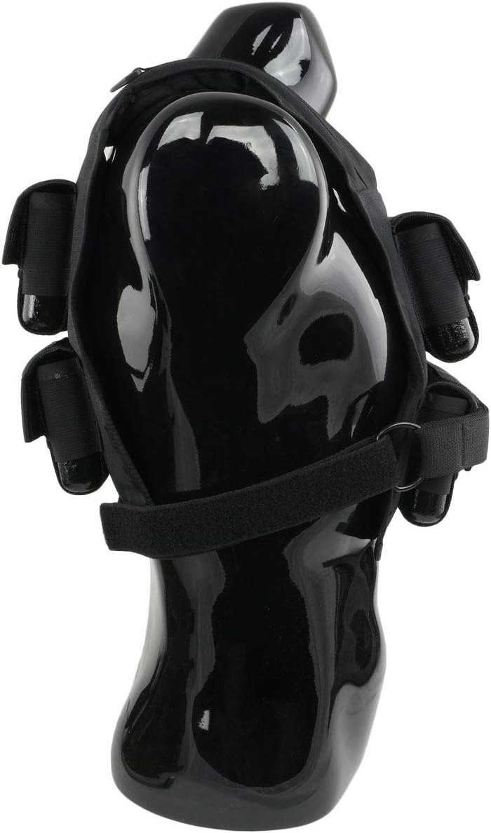 Broad black vest belt threaded through a ring at the side of a torso mannequin