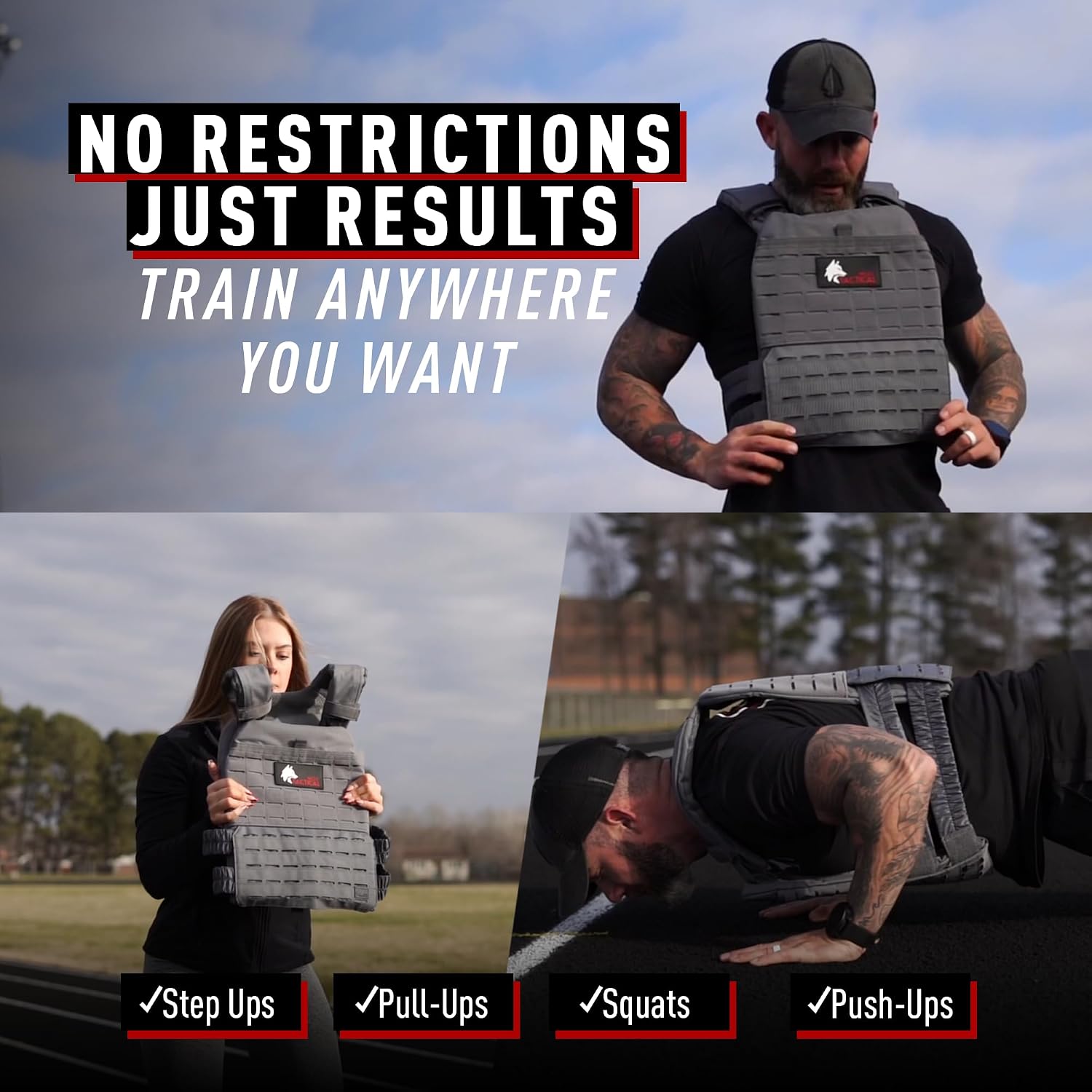 Person wearing a WOLF TACTICAL weighted vest while performing an outdoor push-up