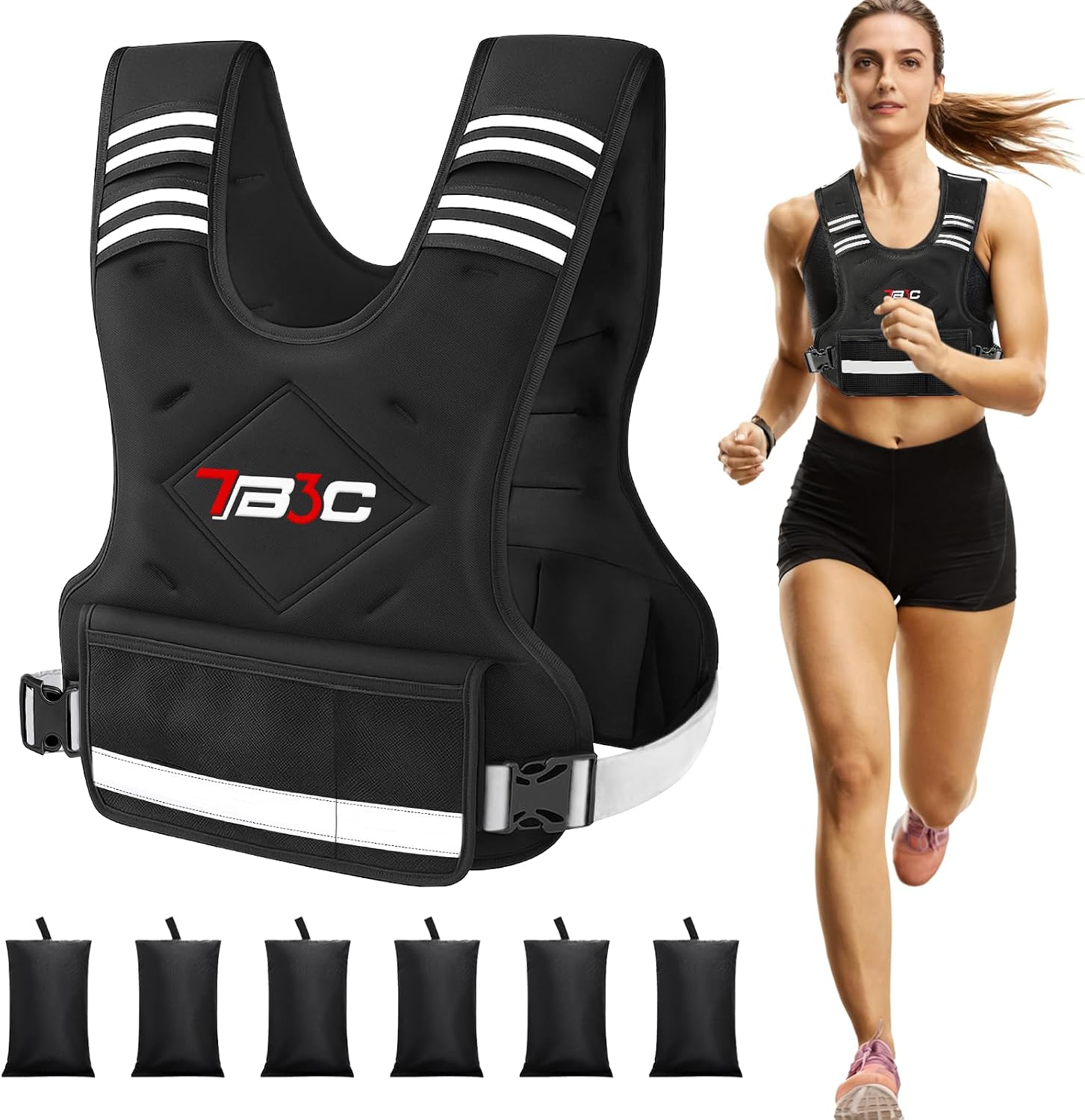 TB3C adjustable weighted vest with six removable weight bags, large front pocket and reflective strips, shown flat and worn