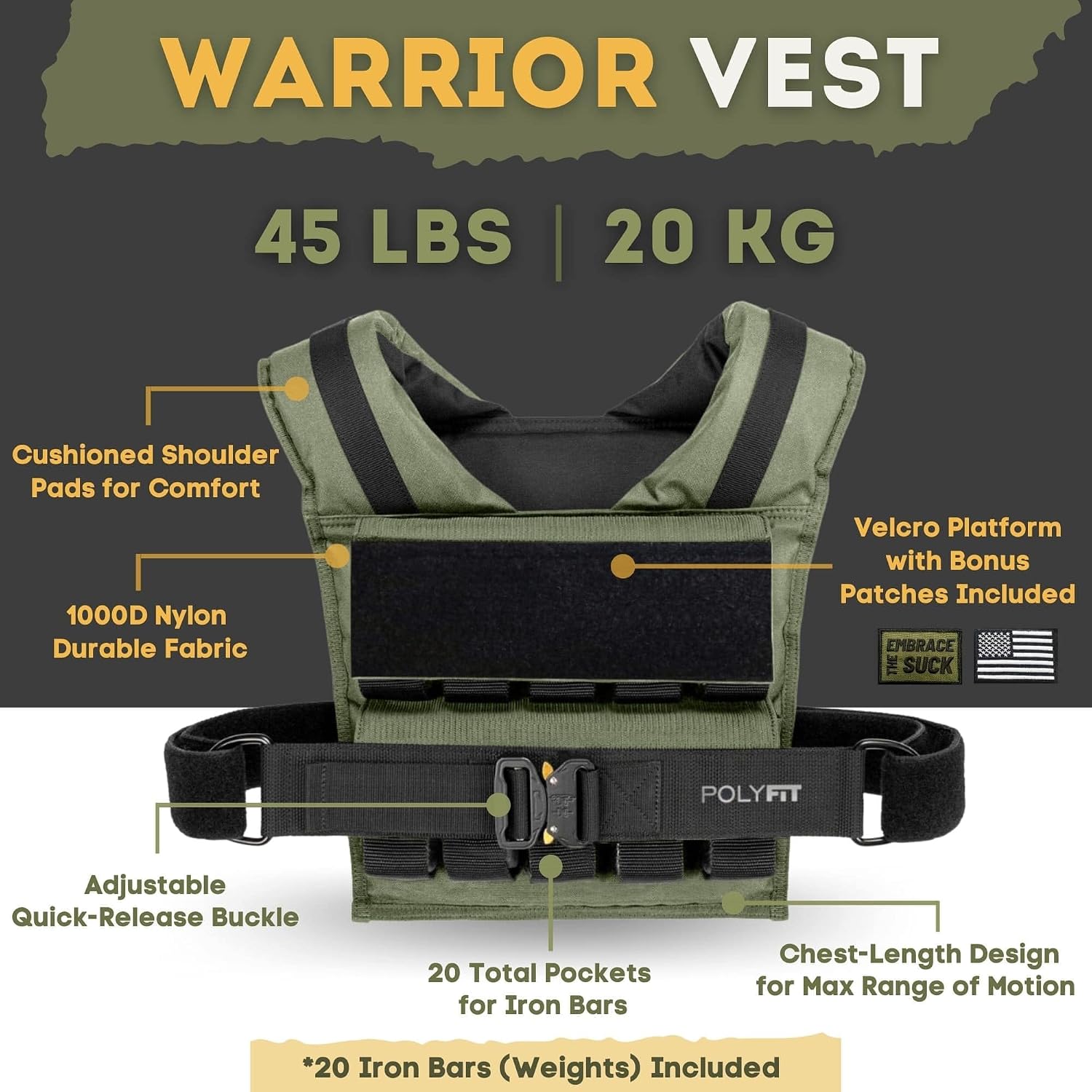Broad black waist strap with a central quick-release buckle on the Polyfit Warrior weighted vest