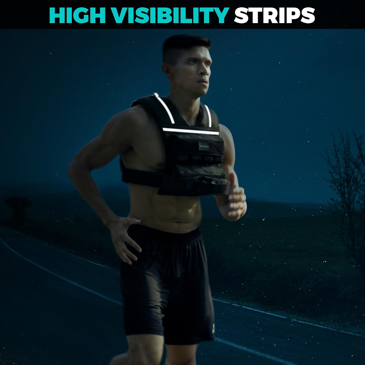 Runner wearing a black weighted vest with bright strips along both shoulders and across the chest