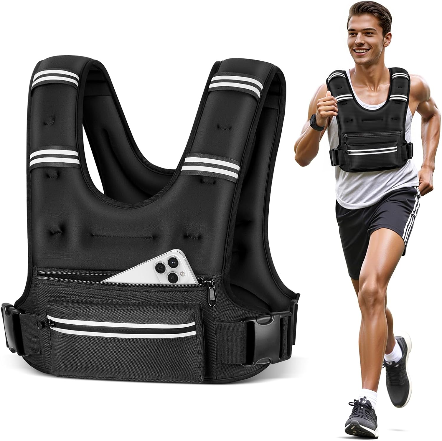 Mieakvool weighted vest with two zippered front pockets, reflective shoulder stripes, and adjustable side buckle straps, shown flat and worn while running