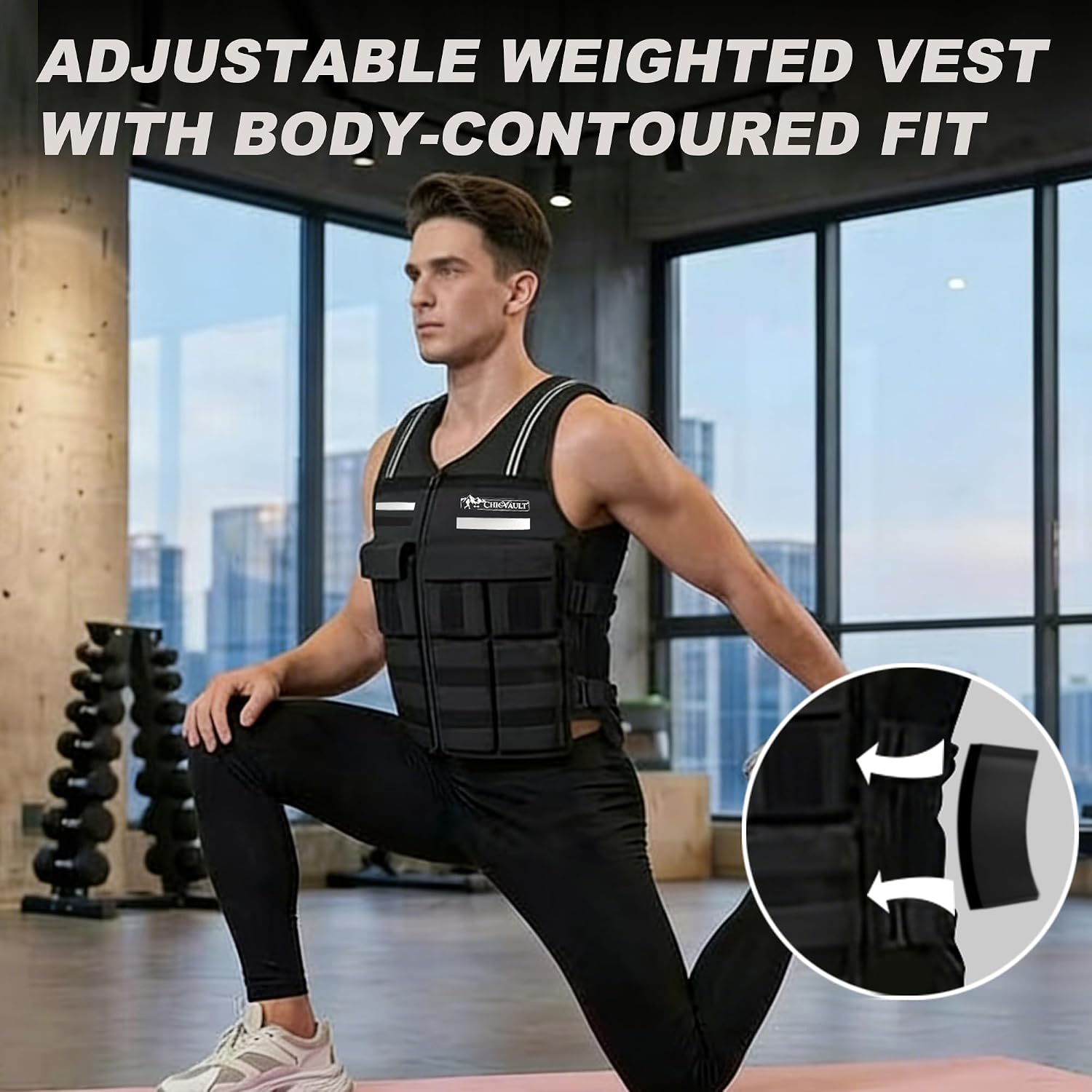 Person wearing a black Chicvault weighted vest in a kneeling lunge with an inset highlighting side adjustment straps