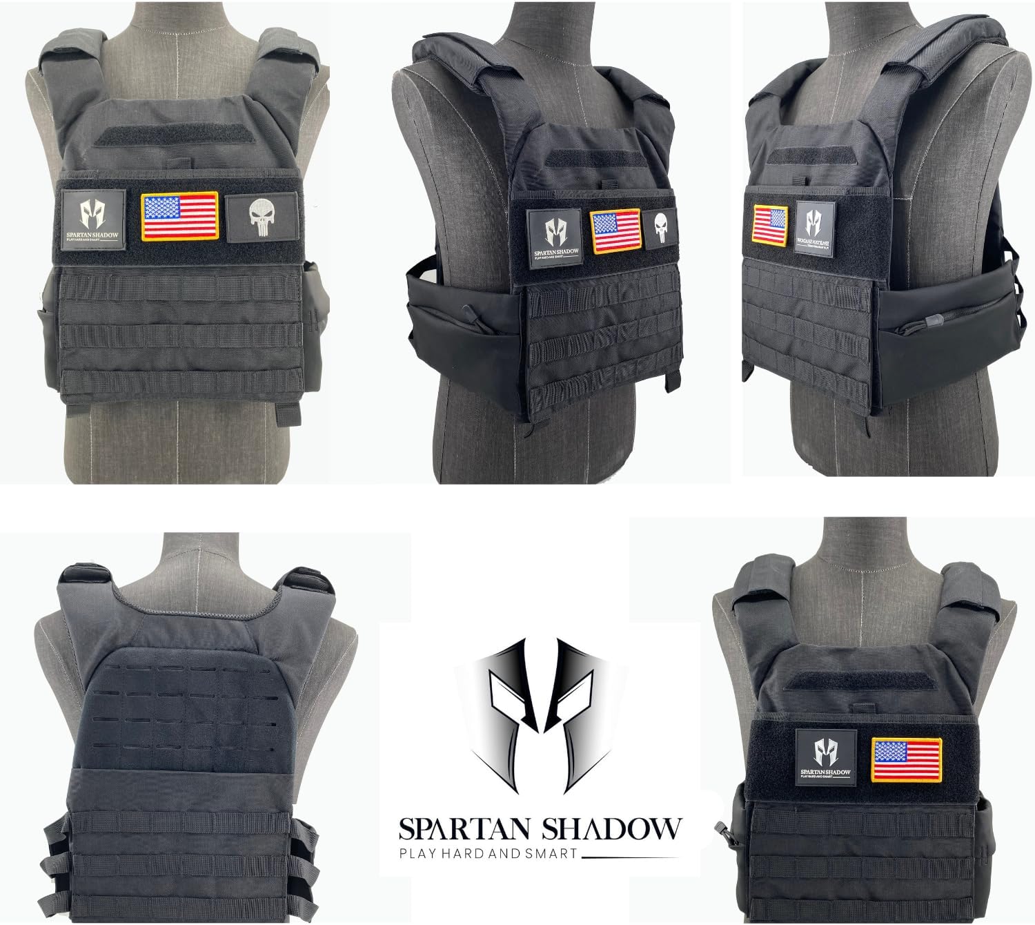 Front, back, and angled mannequin views showing the torso coverage and side profile of a black SPARTAN SHADOW vest