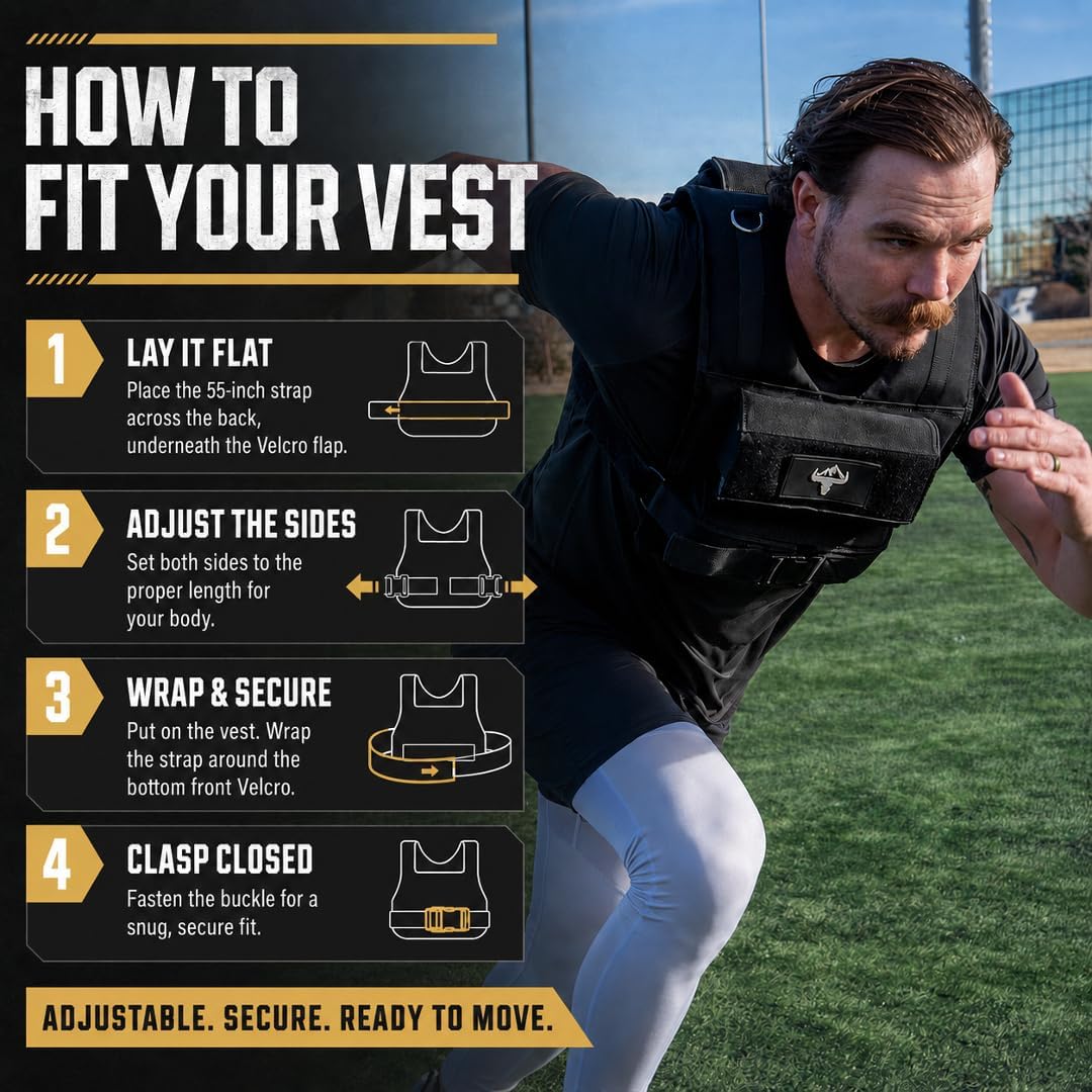 Black fitness vest worn outdoors beside four diagrams showing strap placement, side adjustment, wrapping, and buckle closure