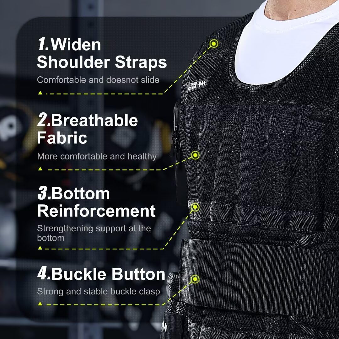 Black vest showing stitched front compartments, reinforced-looking lower edges, and a wide waist strap