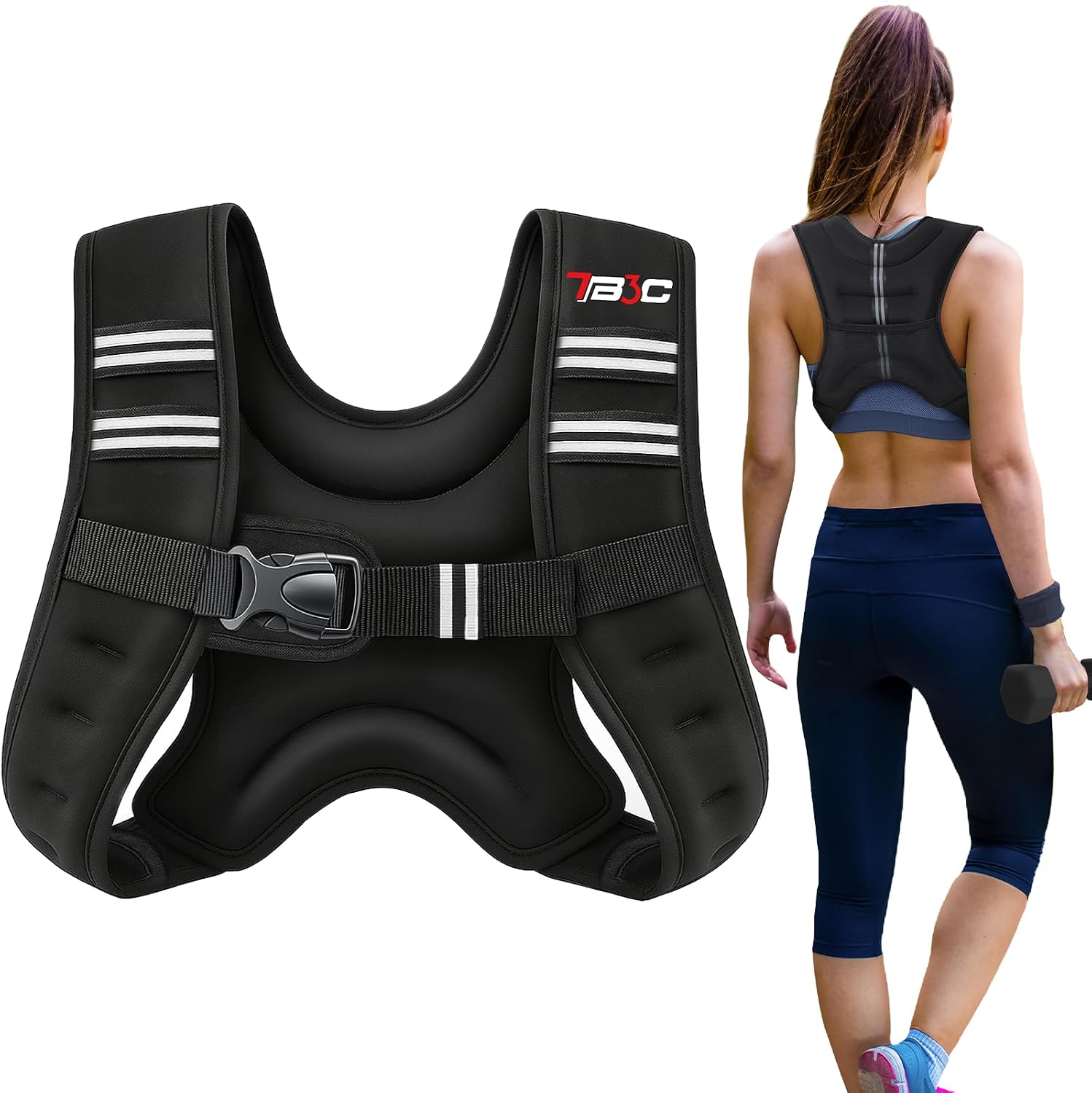 TB3C weighted vest in black neoprene with reflective strips and a buckle belt, shown flat and worn from the back