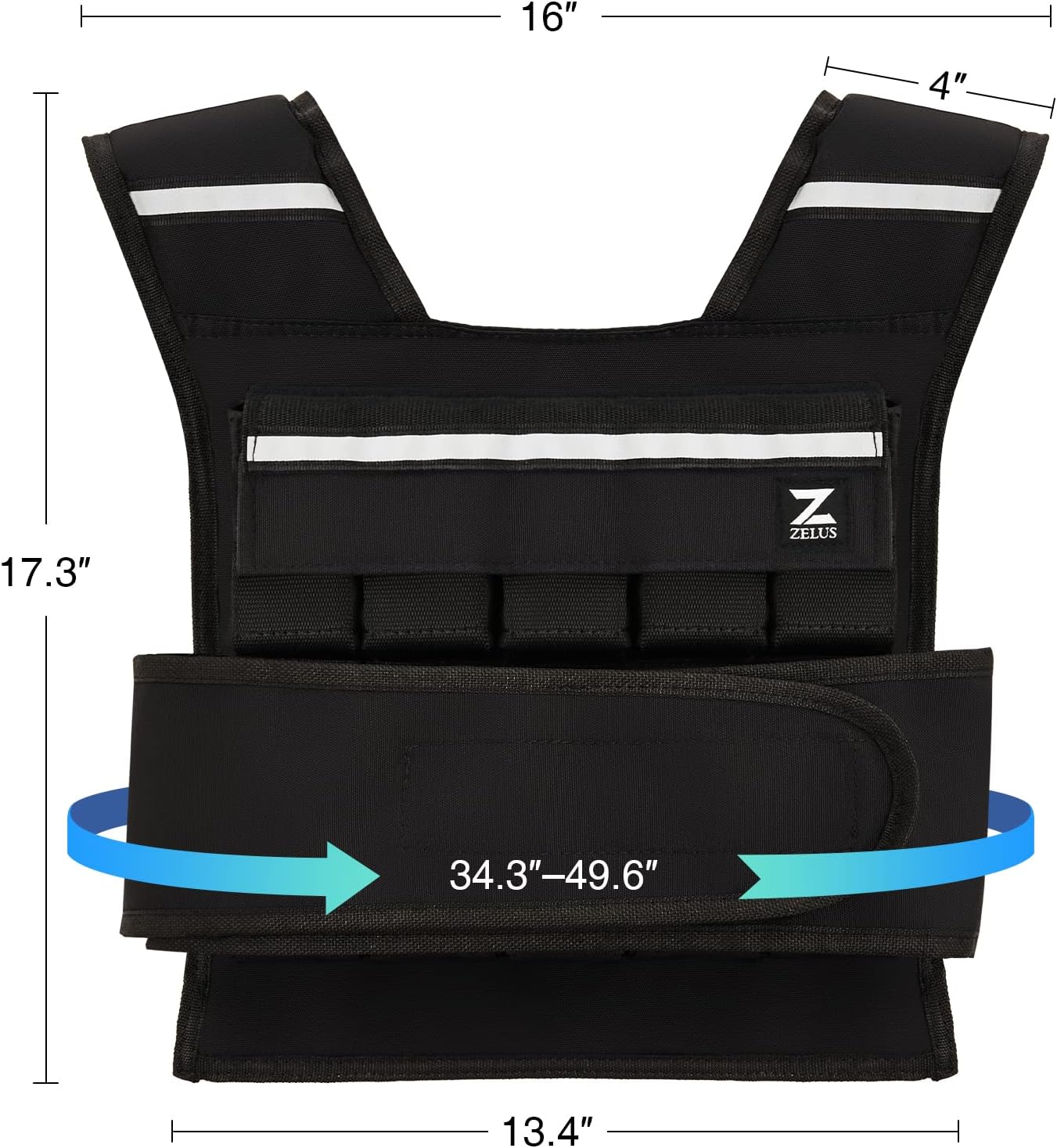 Black ZELUS vest with labeled dimensions and a waist adjustment range of 34.3–49.6 inches