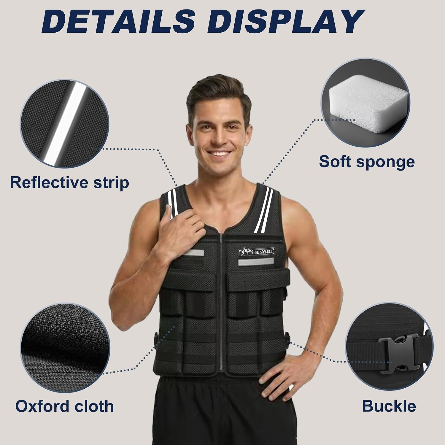 Black Chicvault vest with light-colored shoulder and chest strips and a labeled reflective-strip close-up