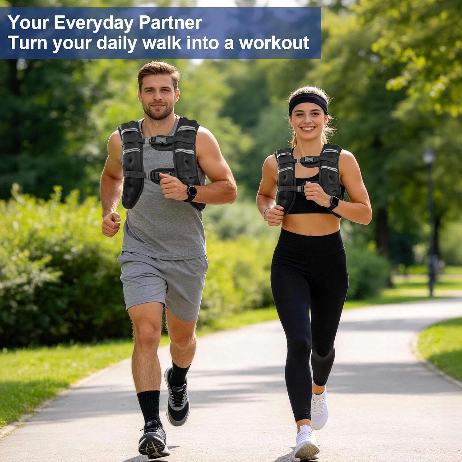 Man and woman walking outdoors in black weighted vests with reflective strips and front buckles