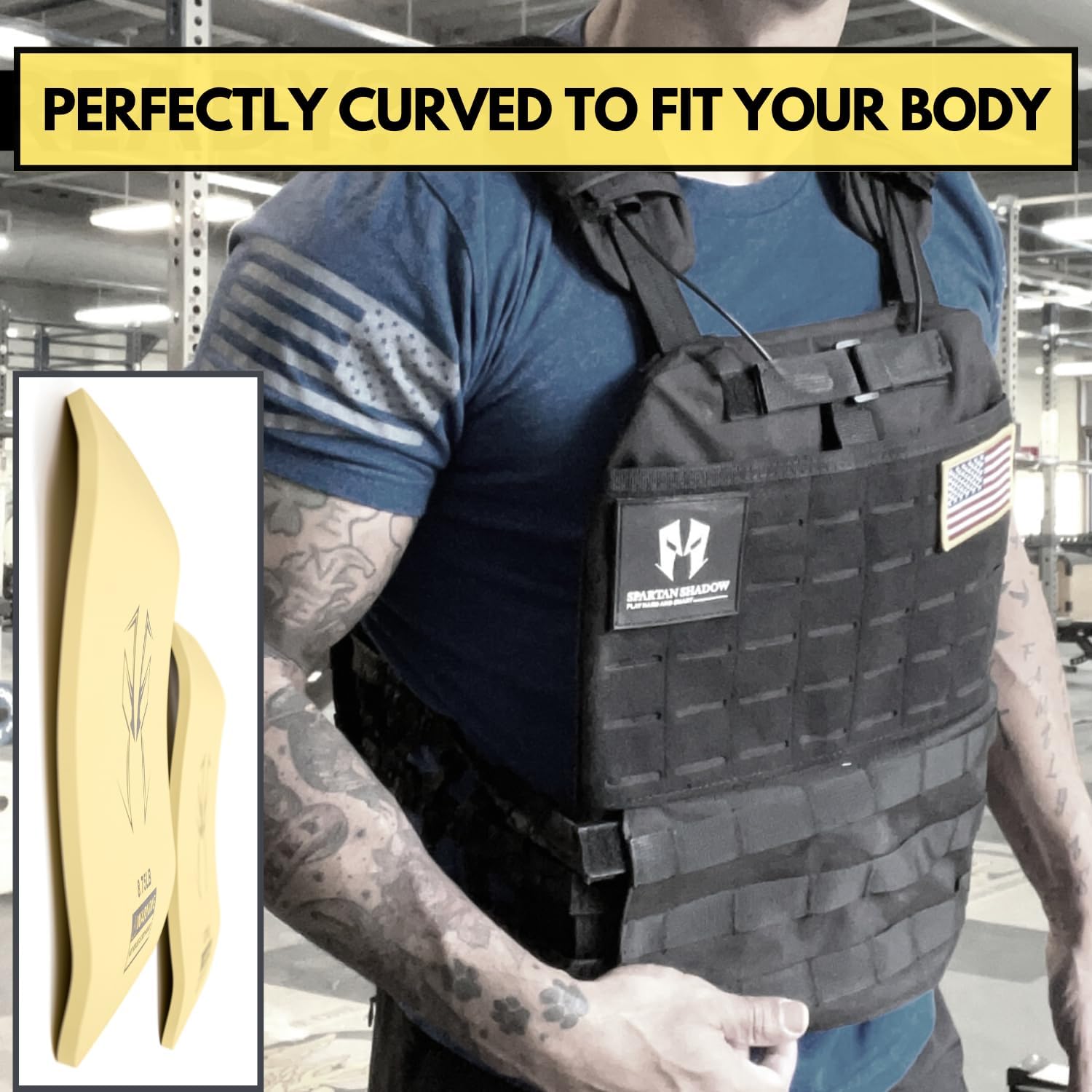 Black SPARTAN SHADOW vest worn over a blue shirt with an inset showing two curved yellow plates