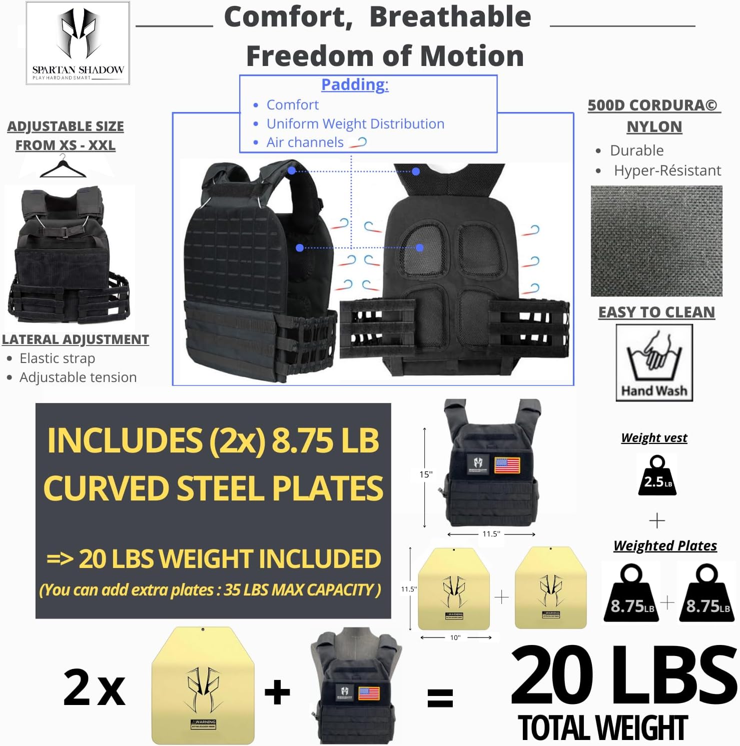 Spartan Shadow 20 lb weighted vest infographic showing the padded shell, its elastic side straps, and the two curved plates that complete the 20 lb load