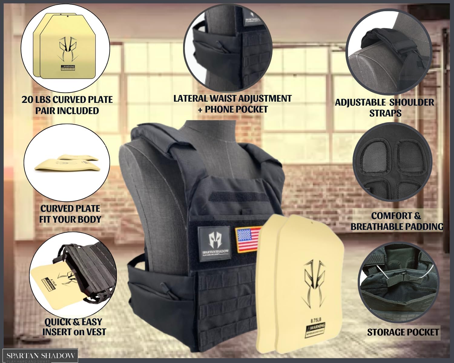 Close-ups of the vest's shoulder straps, waist adjustment area, and mesh-covered interior padding