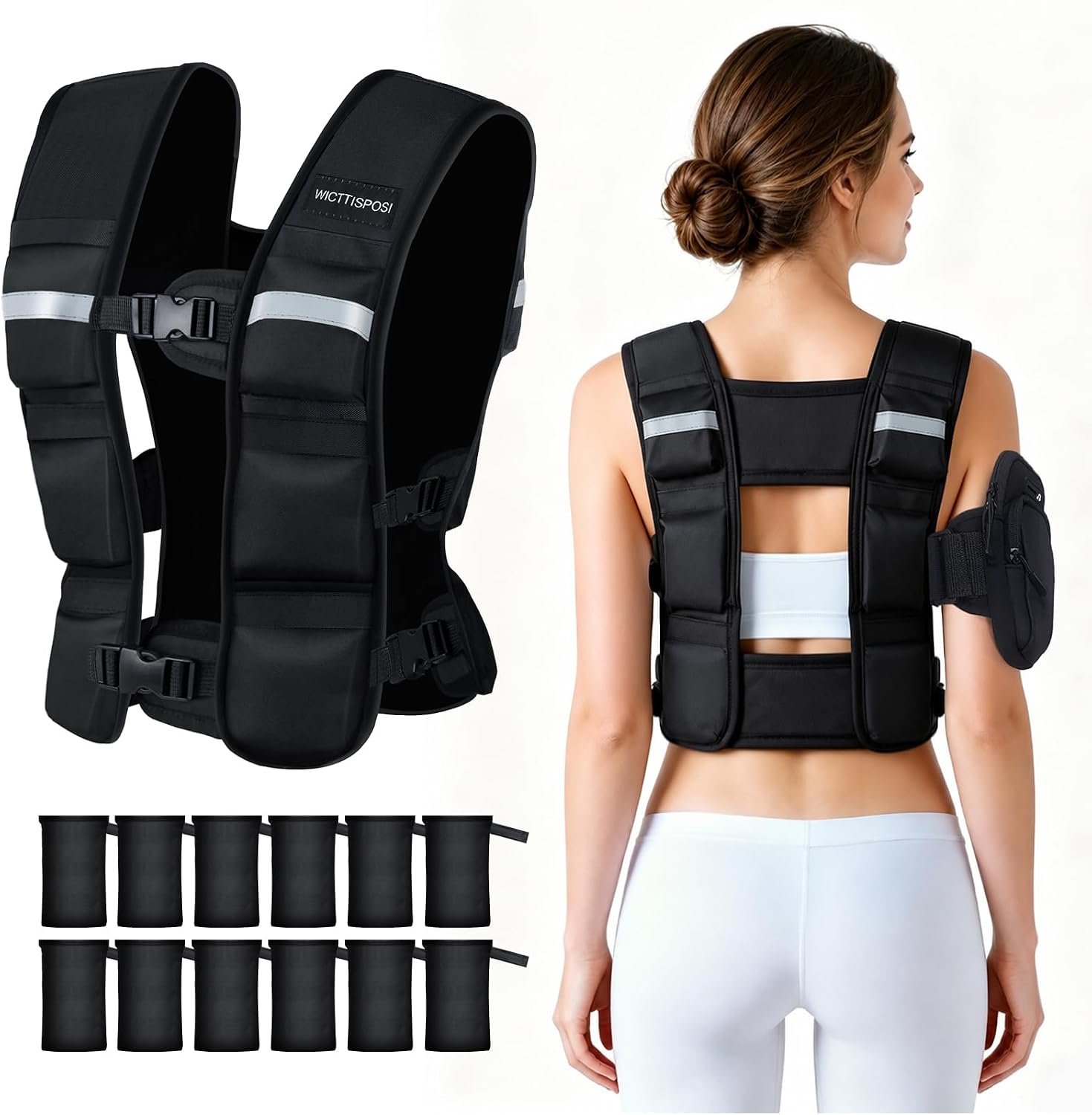 WICTTISPOSI ultra-light weighted vest shown empty and worn, with its twelve small removable weight packs