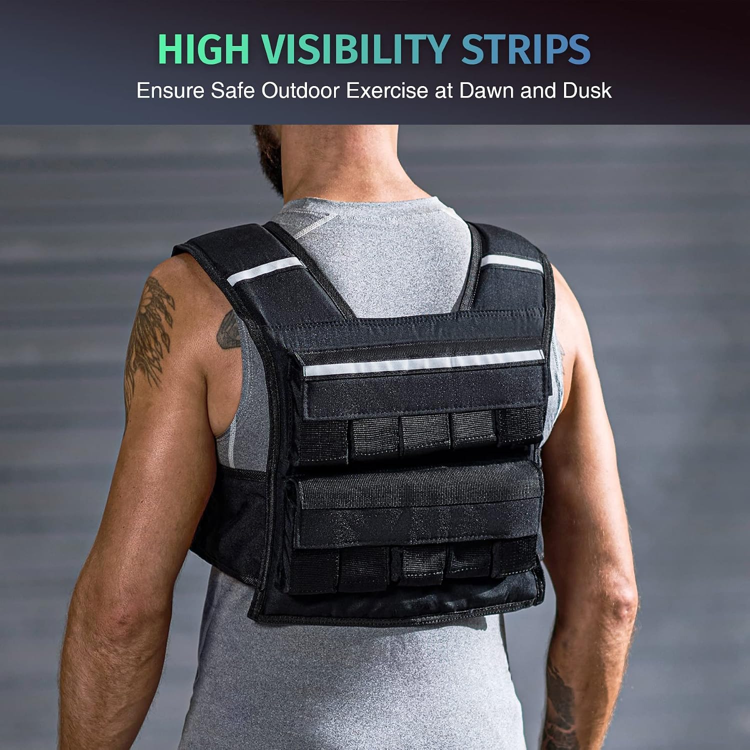 Rear view of a black weighted vest with silver strips on the shoulder straps and upper back and rows of rectangular compartments