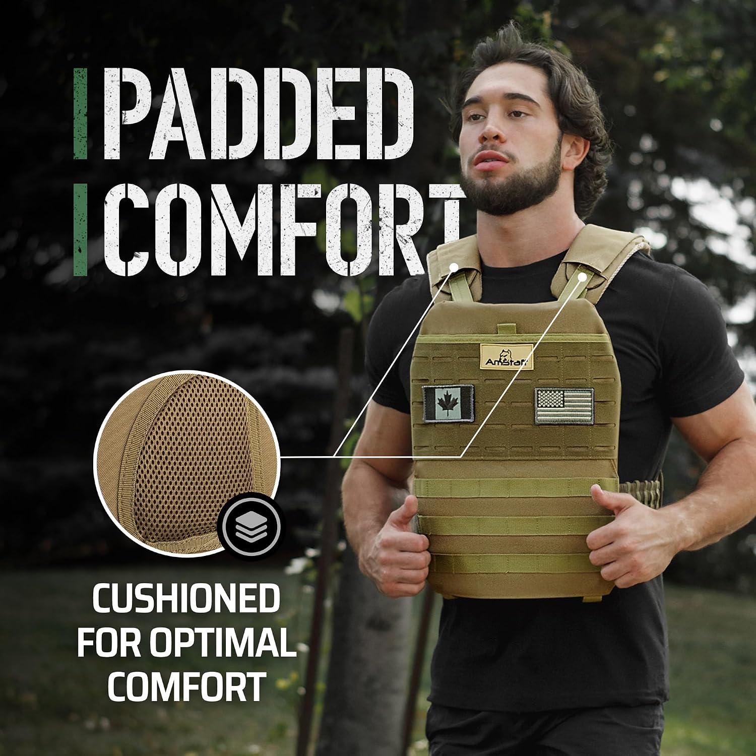 AmStaff tan tactical weighted vest worn by a model, with shoulder callouts and a close-up of mesh-covered padding