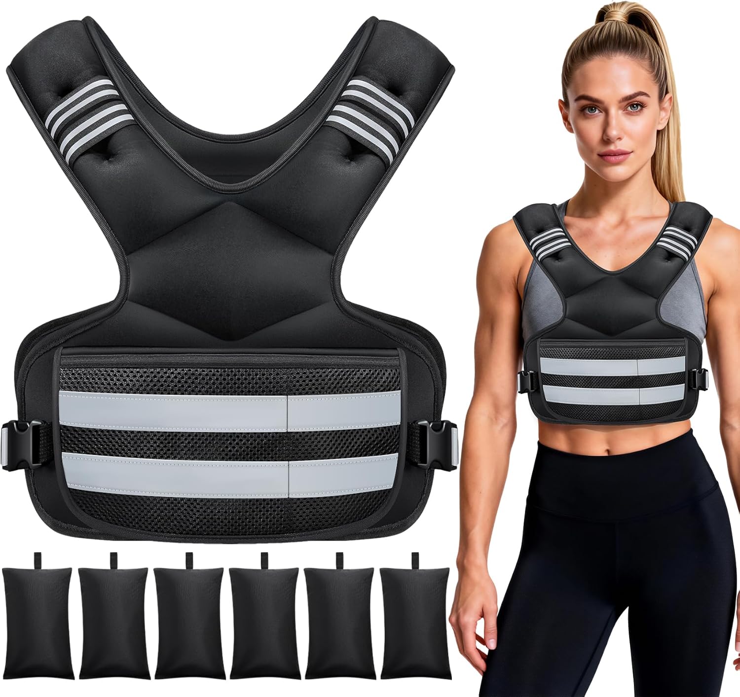 Atybo adjustable weighted vest in black with six removable weight packs, padded shoulders, reflective stripes and mesh front pockets, shown flat and worn