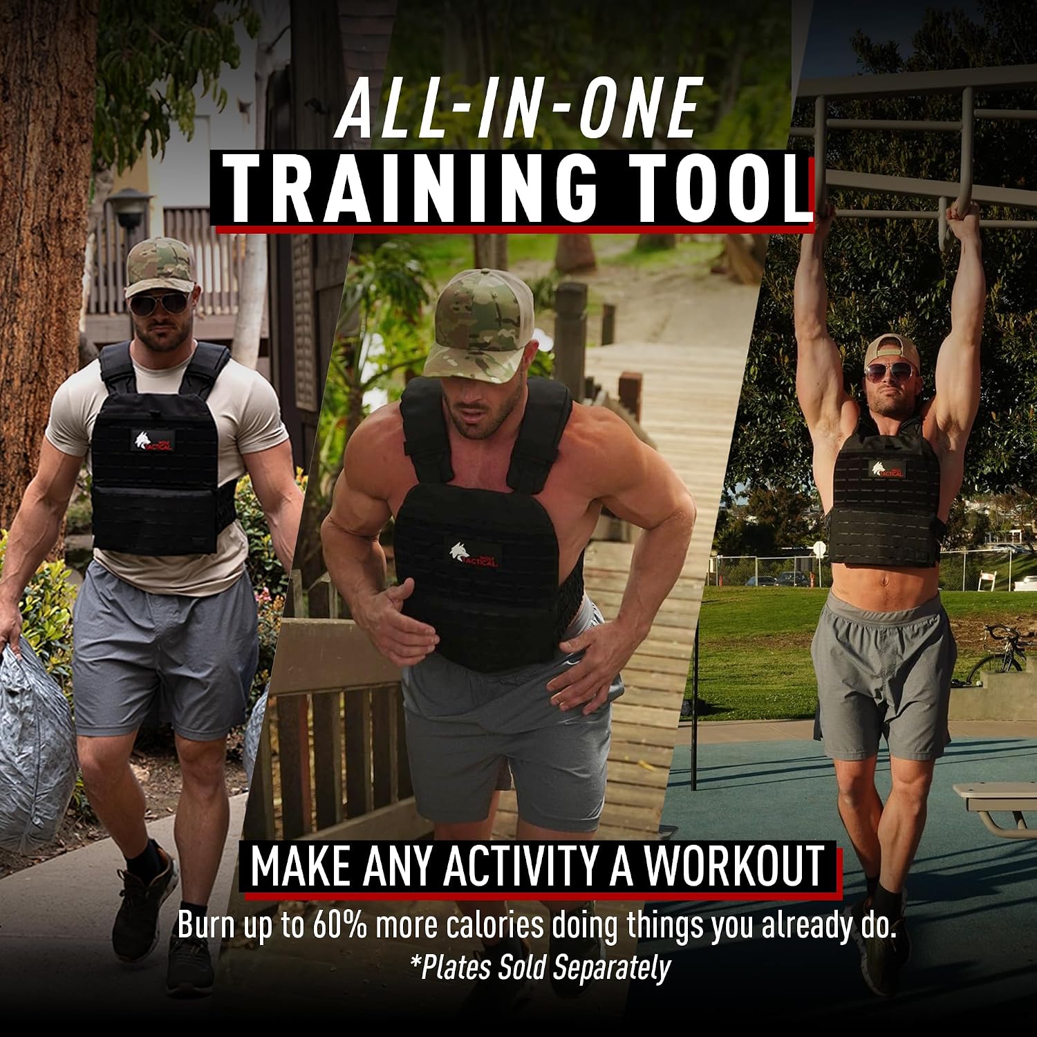 WOLF TACTICAL weighted vest product graphic noting that weight plates are sold separately