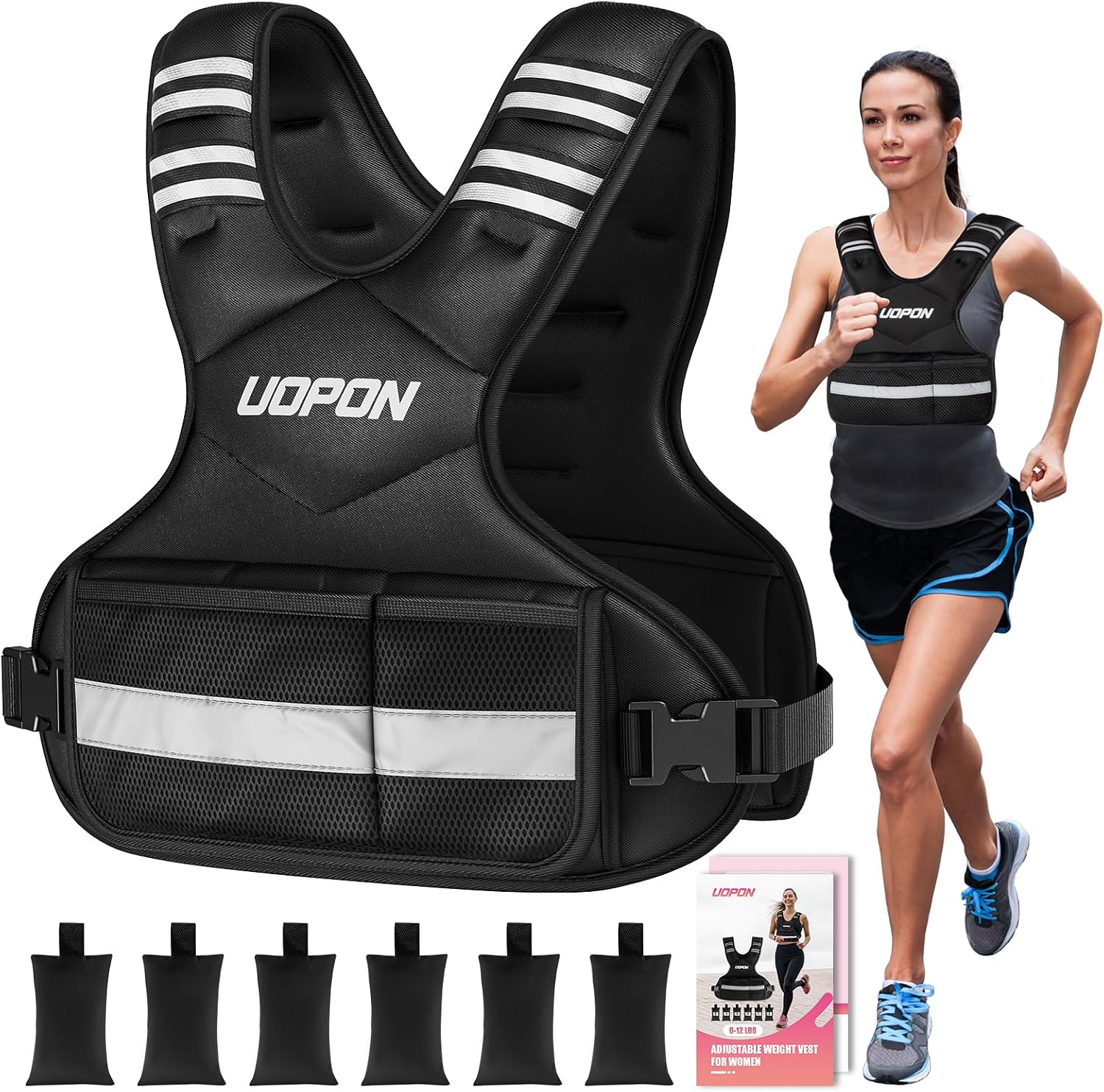 UOPON X-shaped weighted vest with six removable weight bags, mesh pockets and reflective strips, shown flat and worn