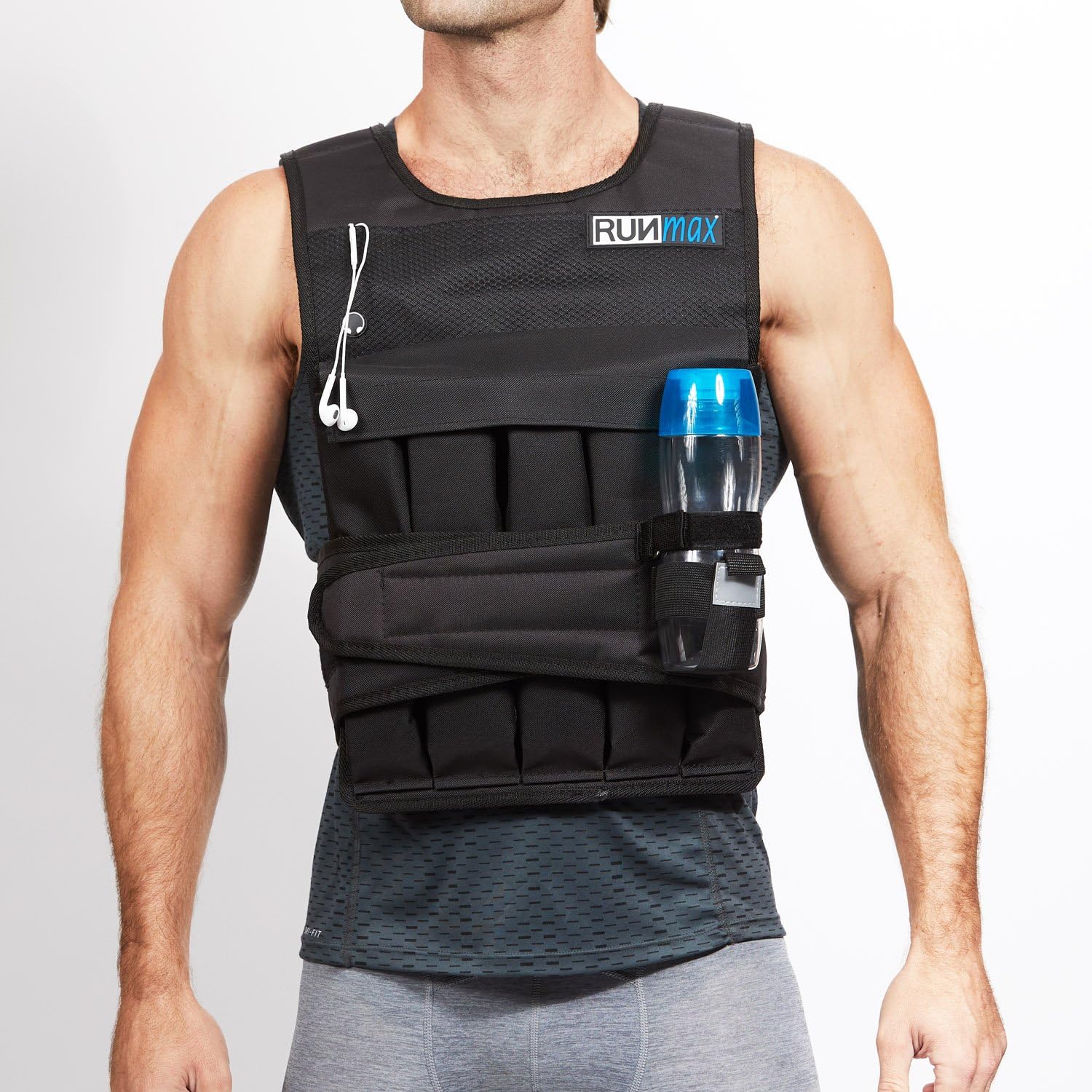 Black RUNmax weighted vest with front weight pockets and waist straps