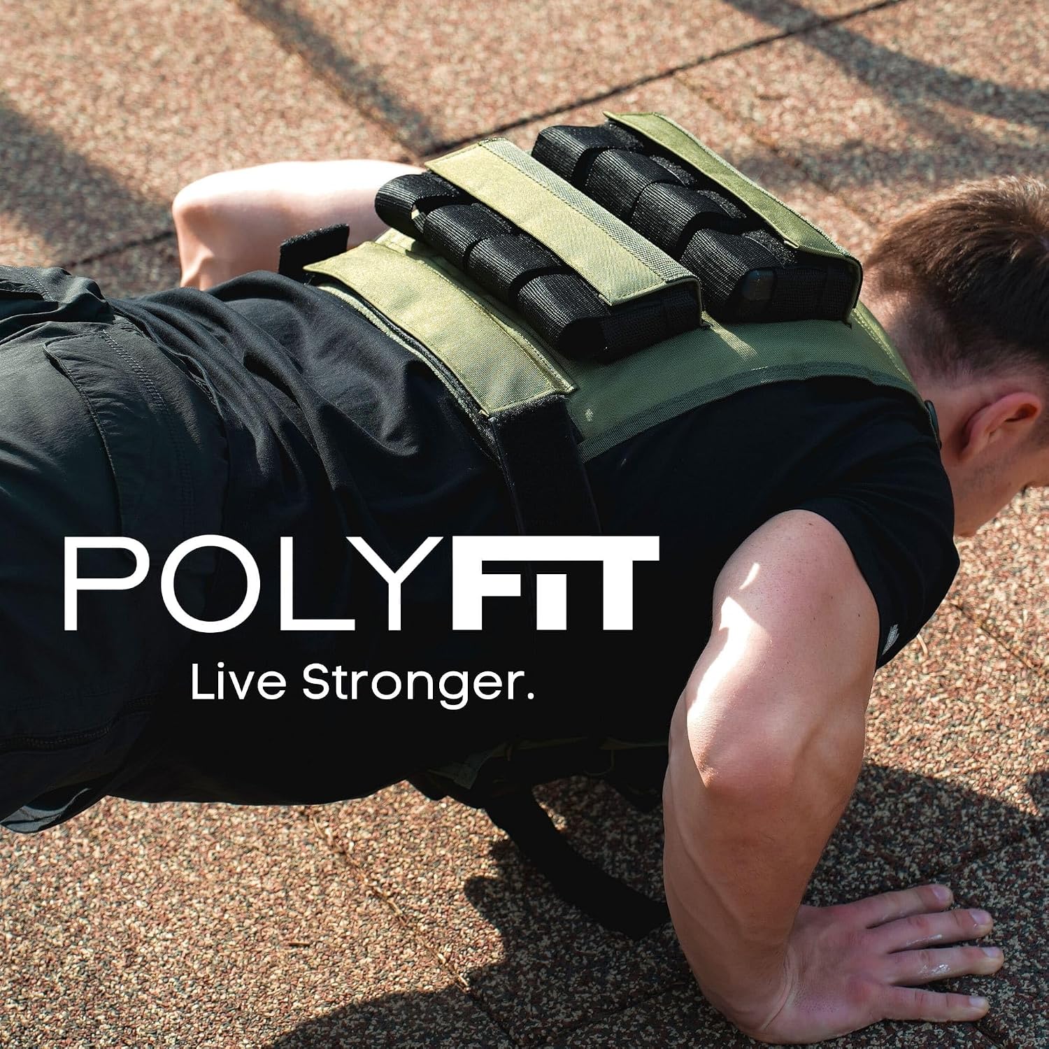 Person performing an outdoor push-up while wearing an olive-green Polyfit weighted vest with black weight pockets