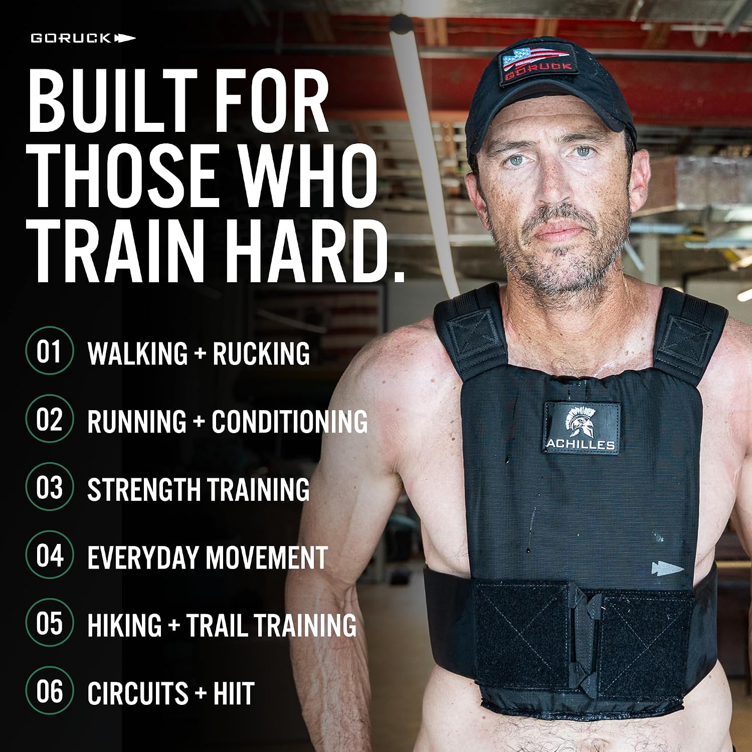 GORUCK Achilles promotional graphic listing several activity categories alongside a man wearing the vest