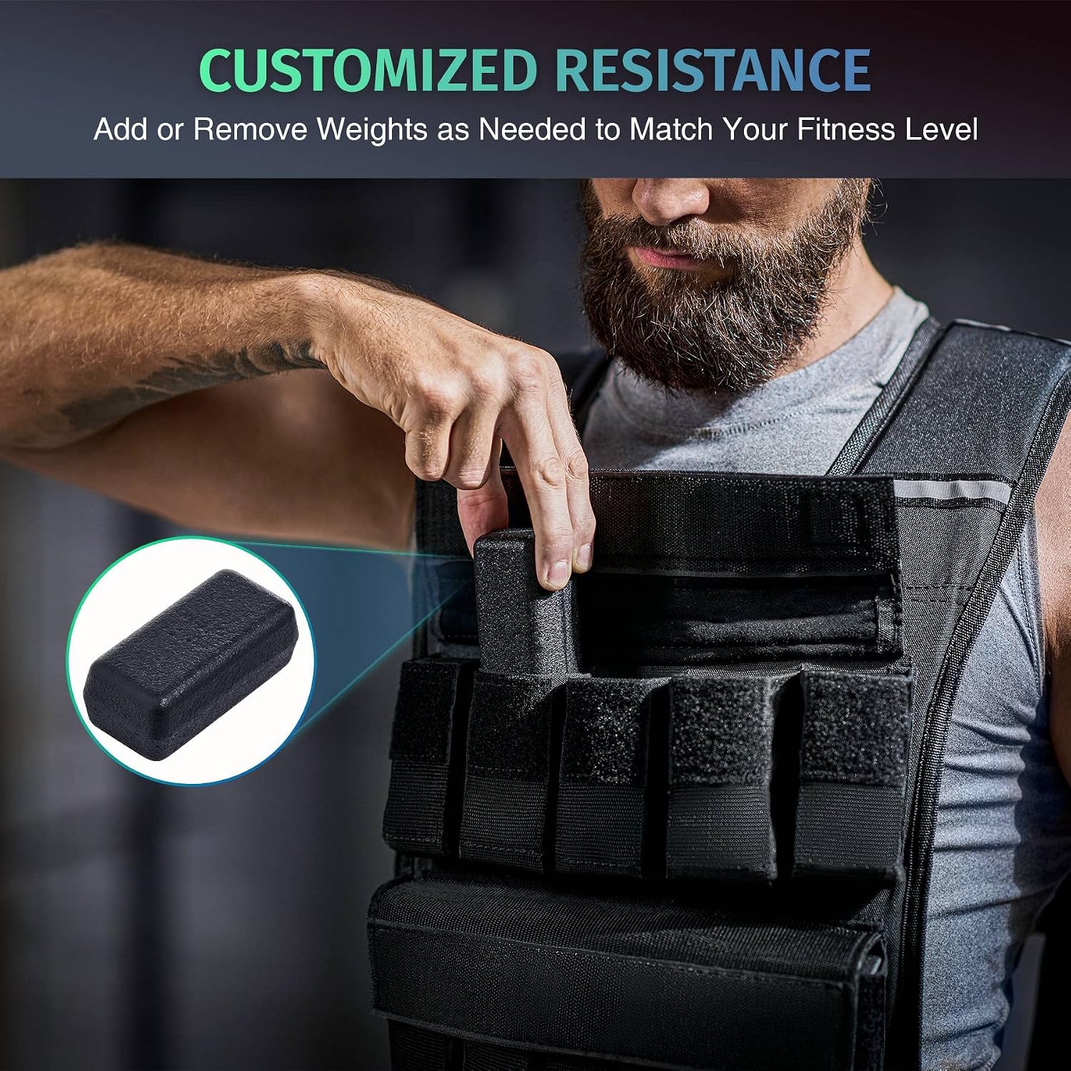 Person inserting a rectangular weight into a black weighted vest's front pocket, with an inset showing the removable weight