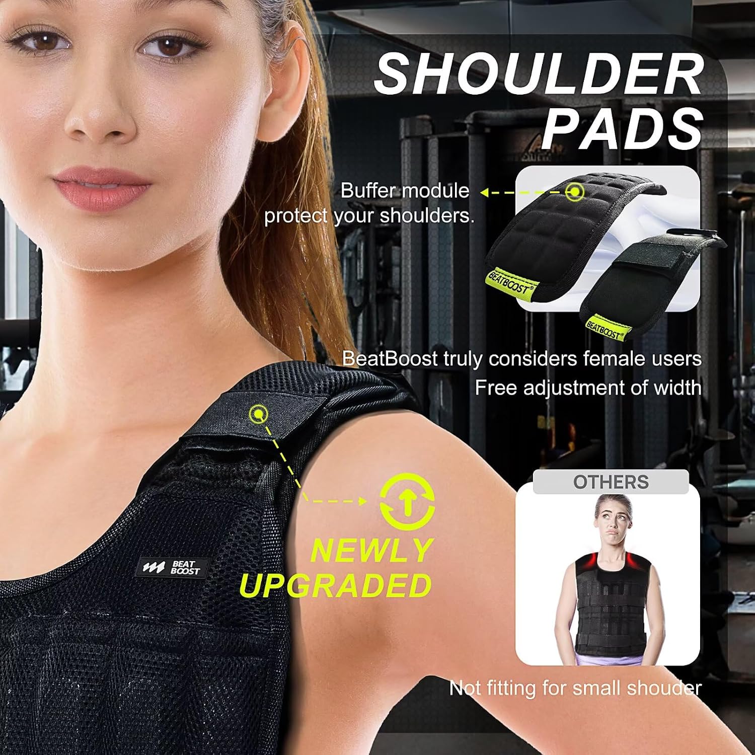 Inset showing both sides of black BeatBoost shoulder pads beside a person wearing the vest