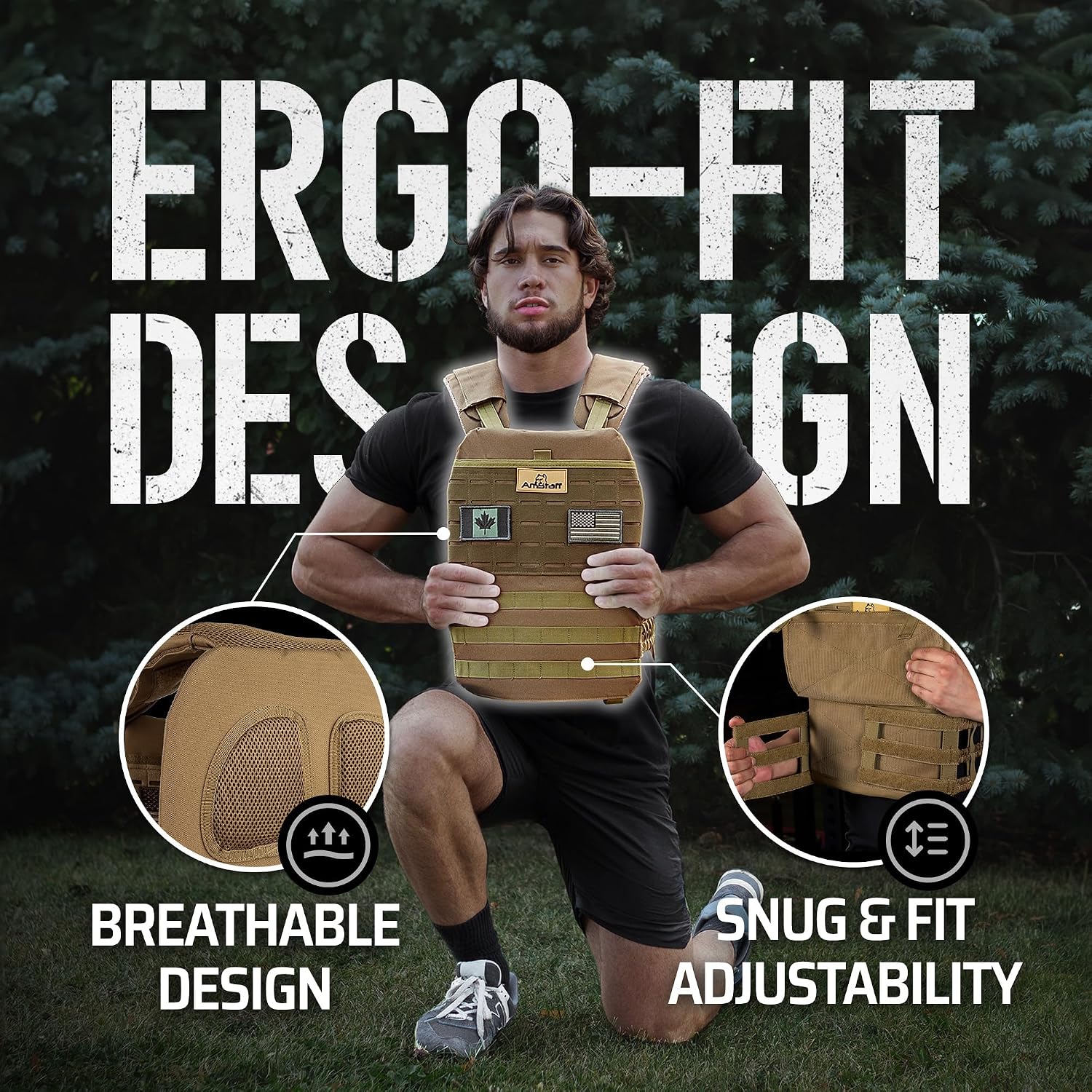 Tan AmStaff fitness vest worn outdoors, with a close-up showing an opened side adjustment strap