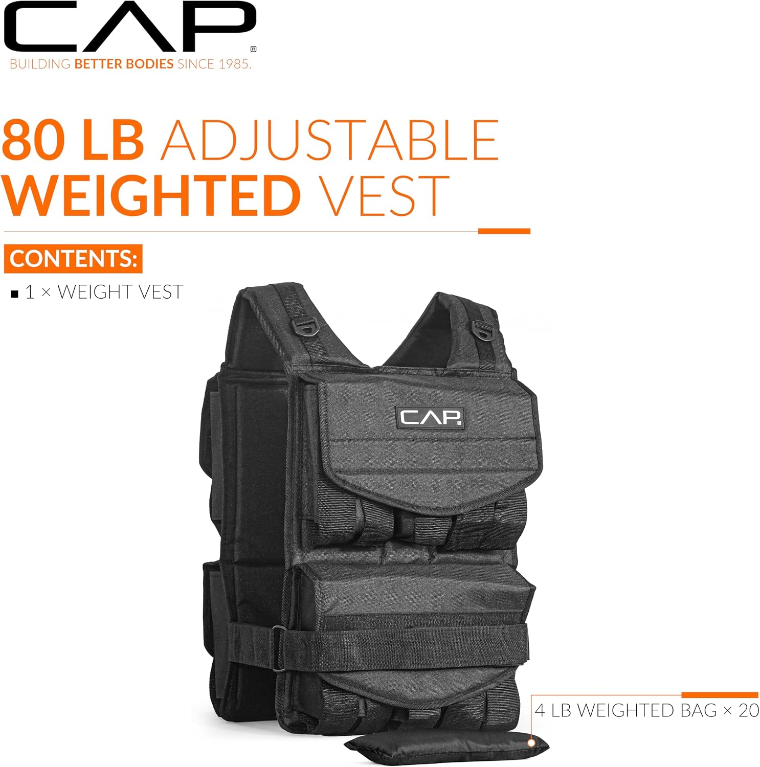 CAP 80 lb adjustable weighted vest with front weight pockets, waist strap, and twenty 4 lb weight bags listed