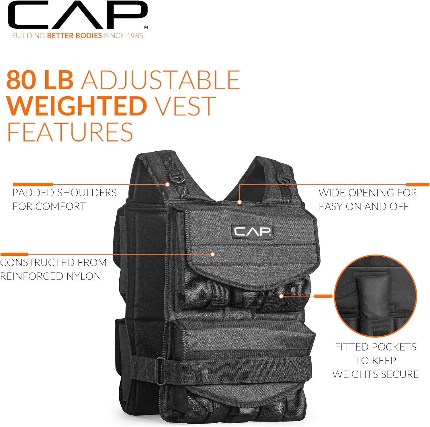 CAP weighted vest with visible seams and pocket flaps plus a close-up of a fitted weight pocket