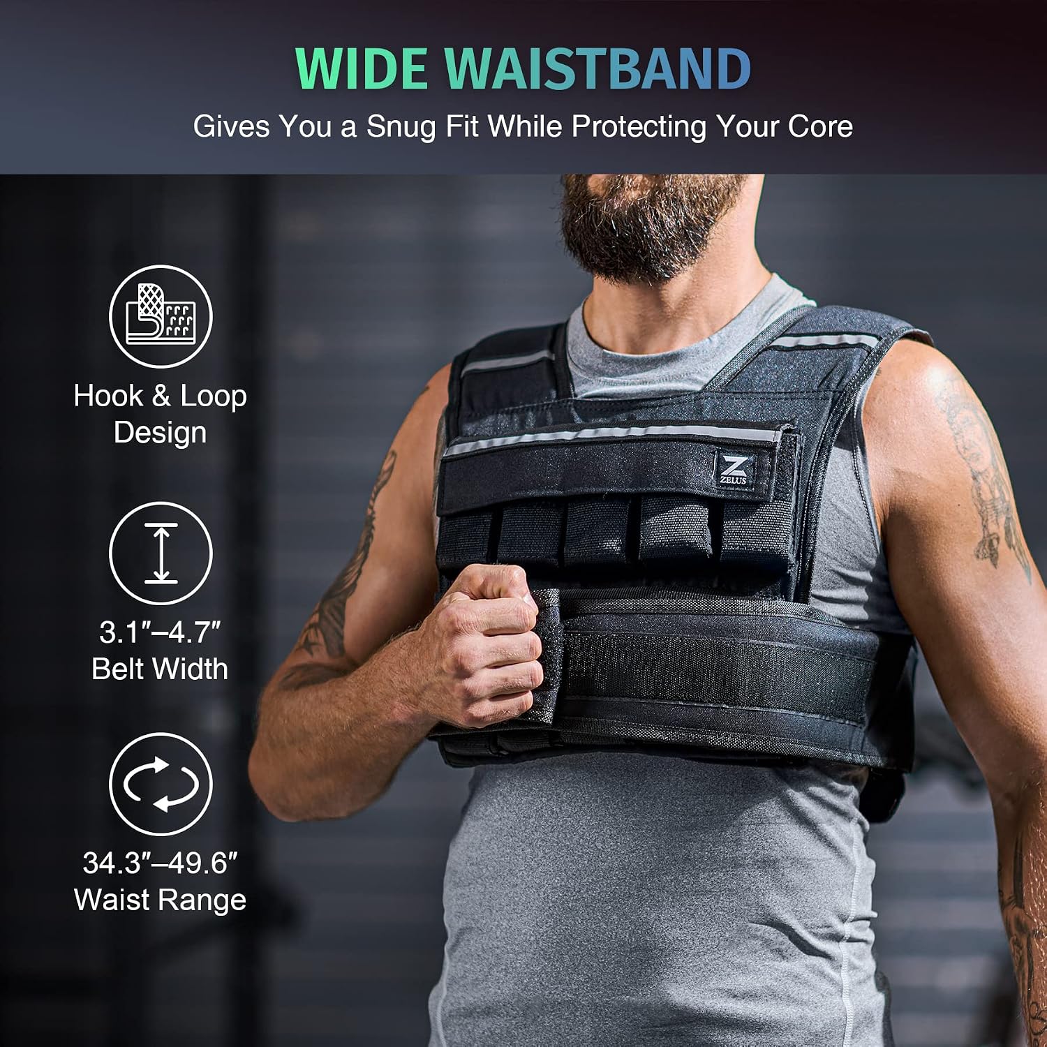 Person pulling the broad hook-and-loop waist strap on a black ZELUS weighted vest