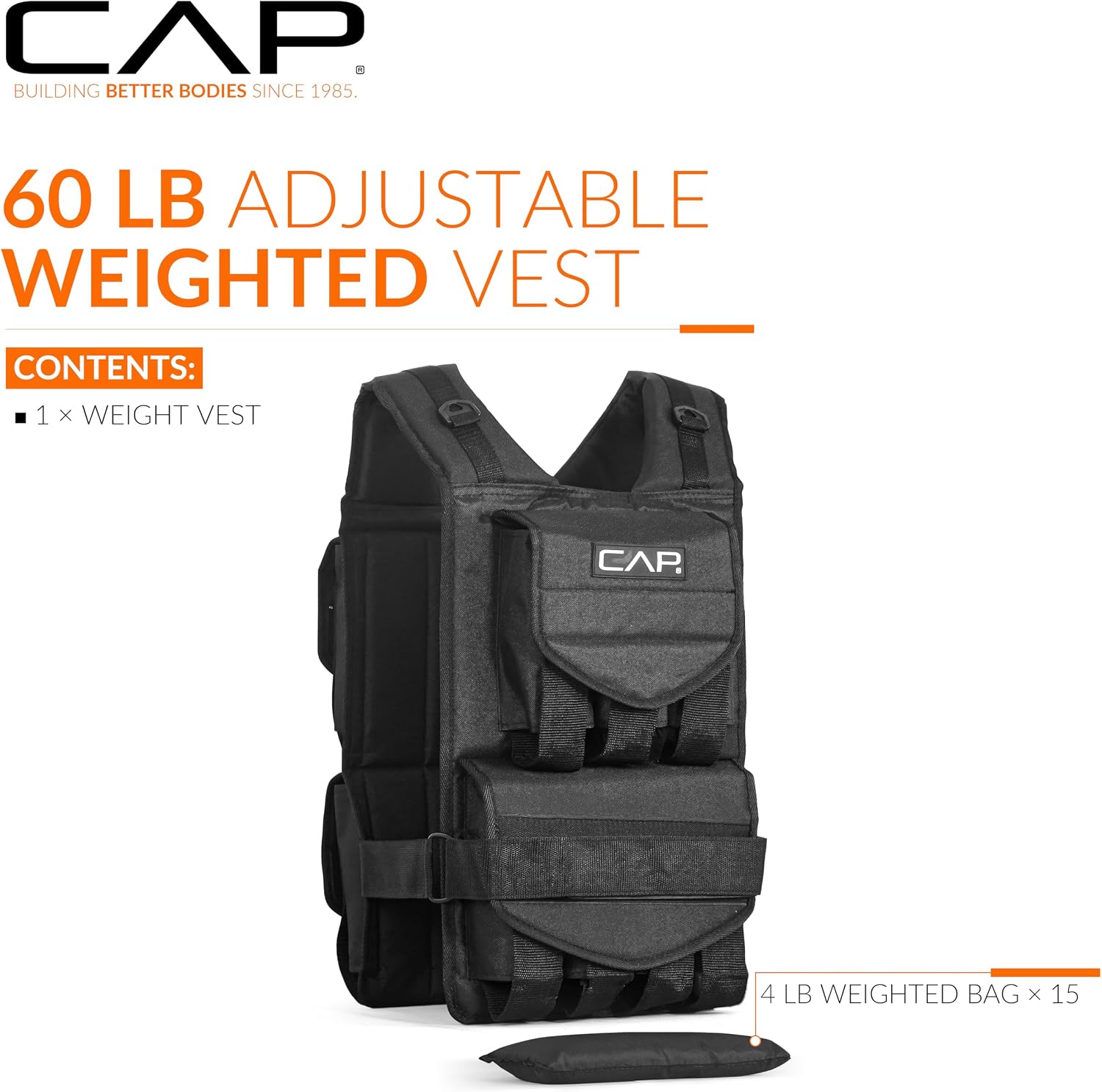 Black CAP weighted vest labeled 60 lb with a separate weight bag and fifteen 4 lb bags listed