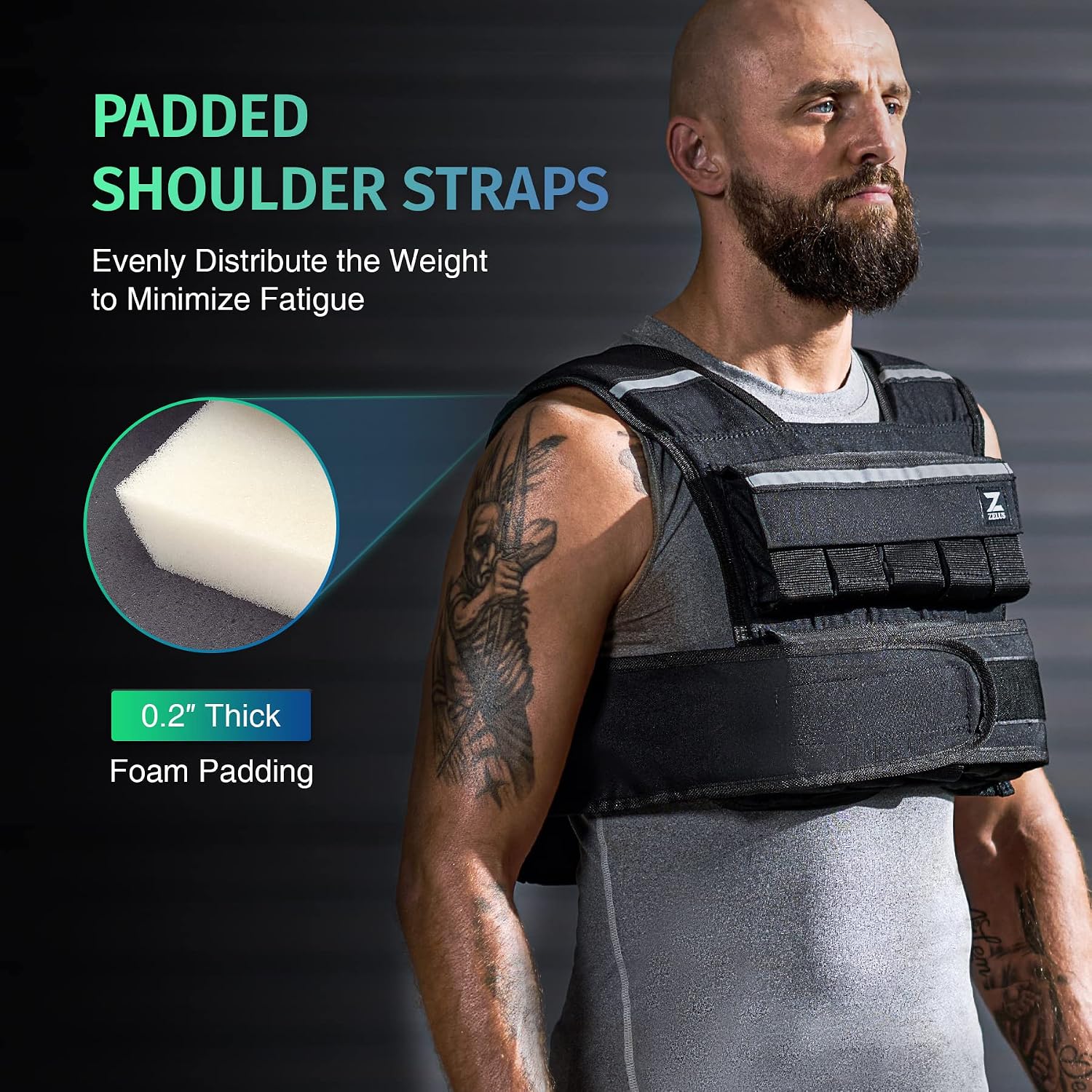 Person wearing a black ZELUS weighted vest beside a foam-padding inset labeled 0.2 inches thick
