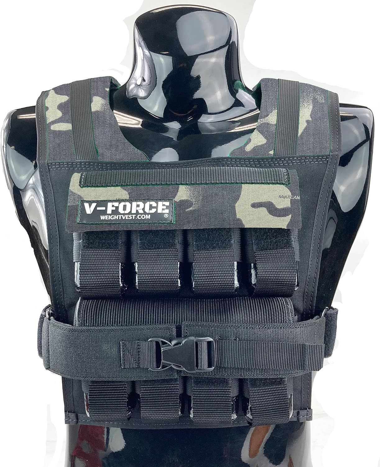 V-Force 40 lb weighted vest in black multicam with weight blocks and belt