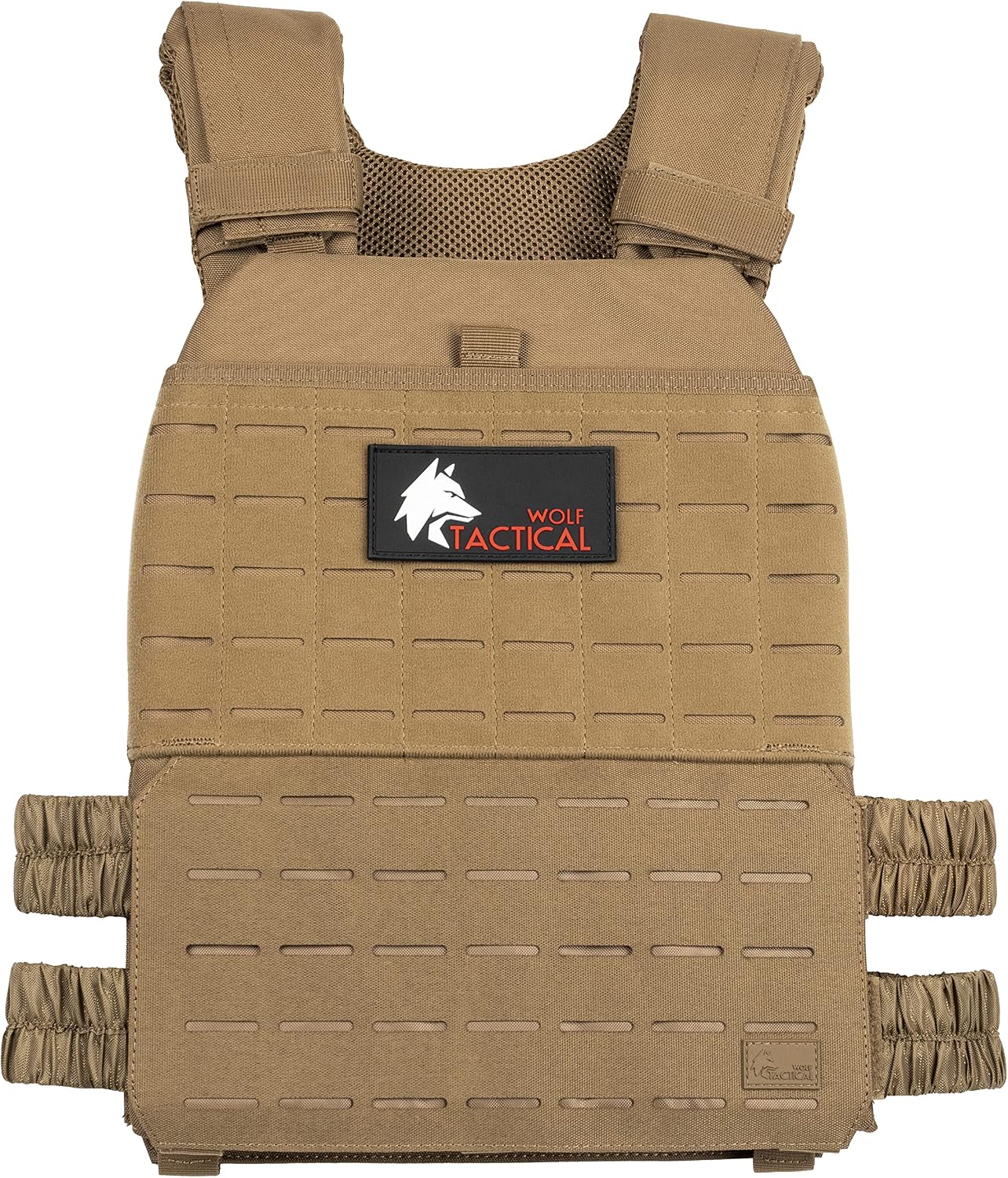 Front view of the Wolf Tactical rucking vest with laser-cut MOLLE panels, breathable mesh lining, and elastic side bands