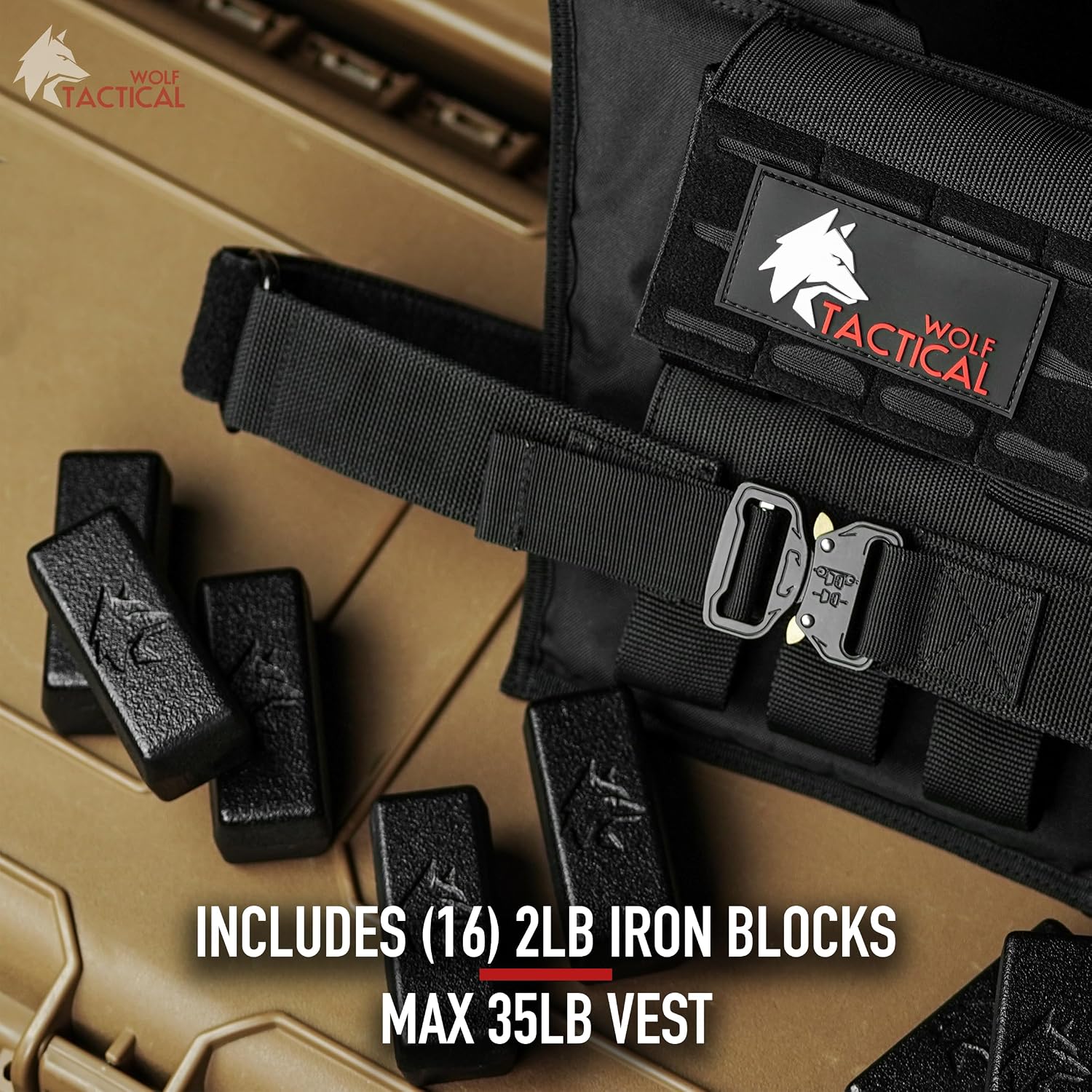 WOLF TACTICAL vest and loose iron blocks with seller text advertising sixteen 2 lb blocks and a maximum 35 lb vest