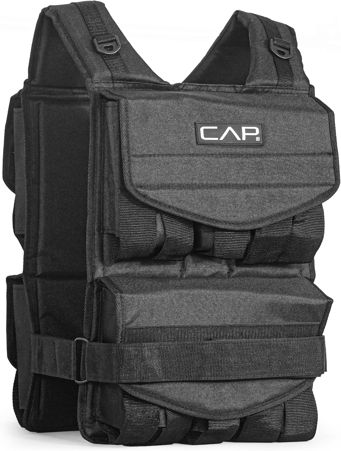 CAP adjustable weighted vest in black with weight pockets and waist belt