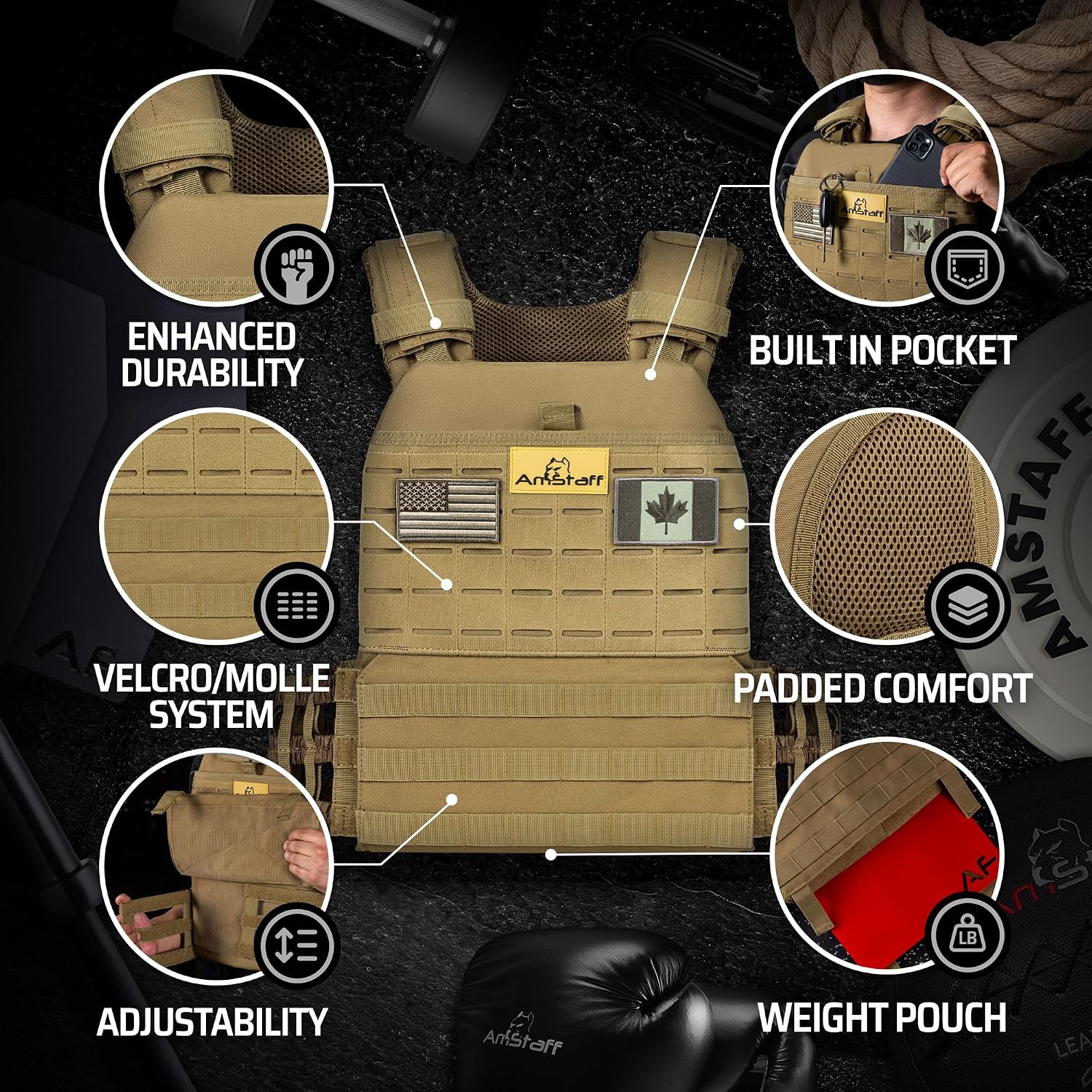 AmStaff tan tactical weighted vest surrounded by close-ups of stitching, a front pocket, attachment webbing, mesh lining, waist straps, and a weight pouch