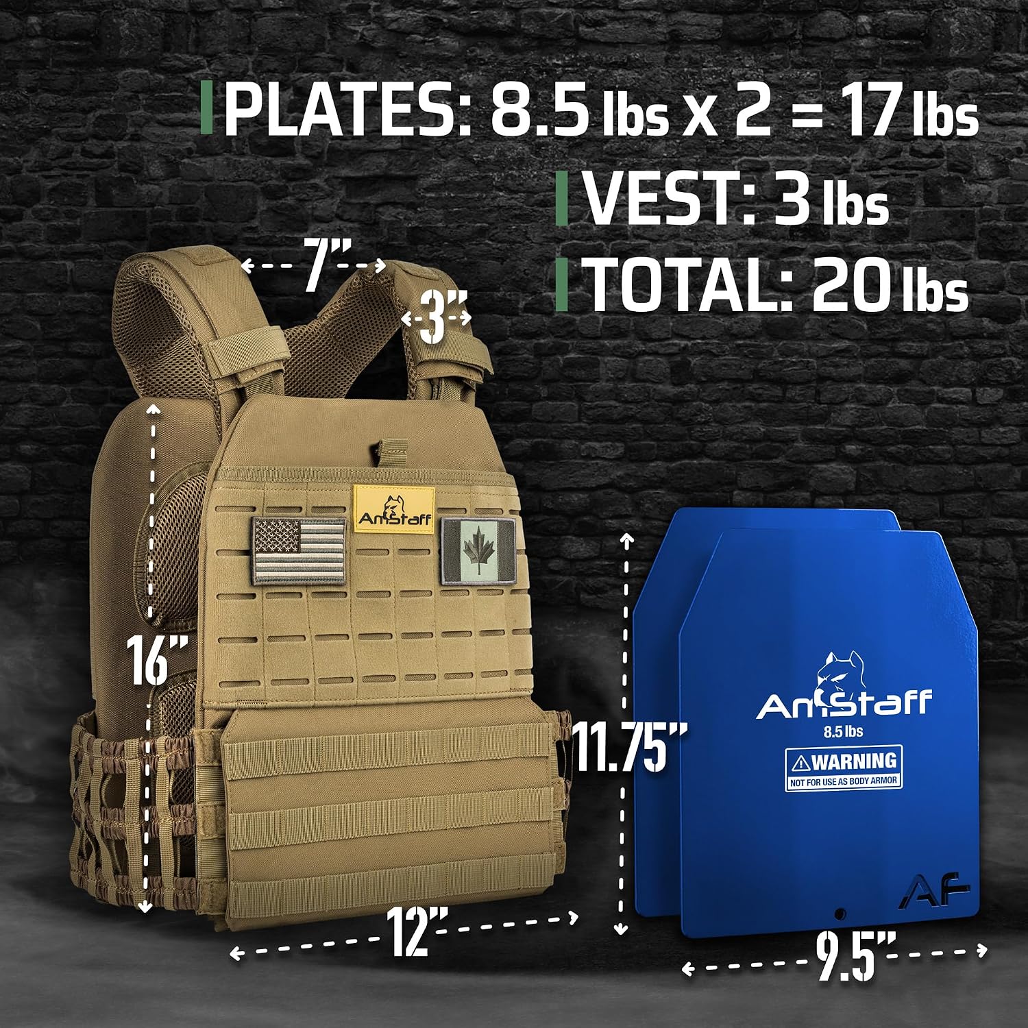 Tan AmStaff weighted vest with two blue plates; labels list two 8.5 lb plates, a 3 lb vest, and 20 lb total, alongside vest and plate dimensions