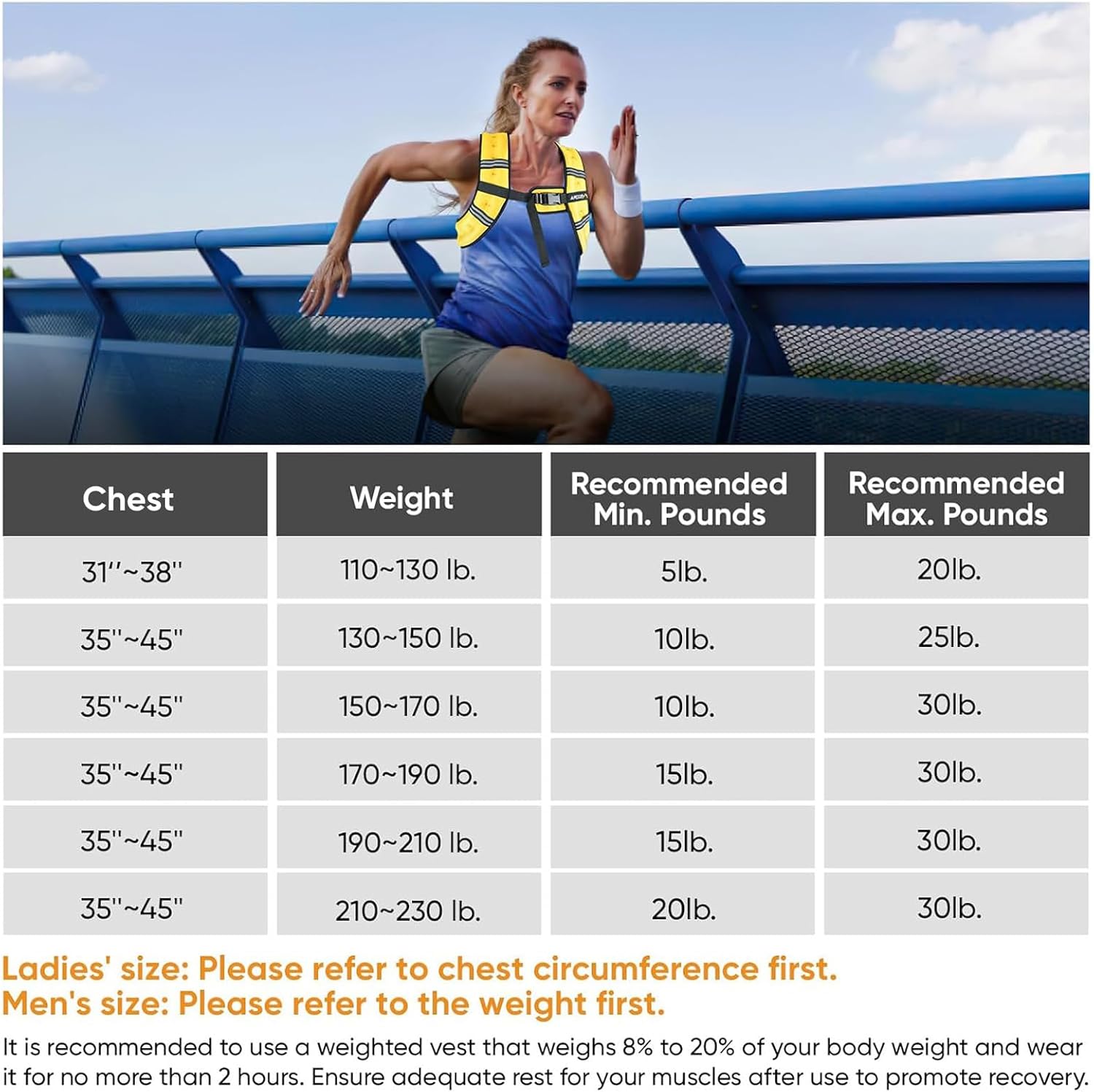 Woman running outdoors in the reflective APEXUP weighted vest, shown with the brand's sizing chart